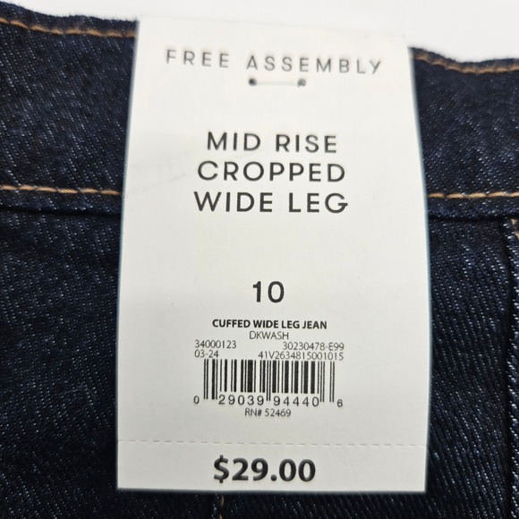 Free Assembly Mens Mid Rise Cropped Wide Leg Cuffed Jeans Dark Wash Blue Size 10 - Picture 6 of 11